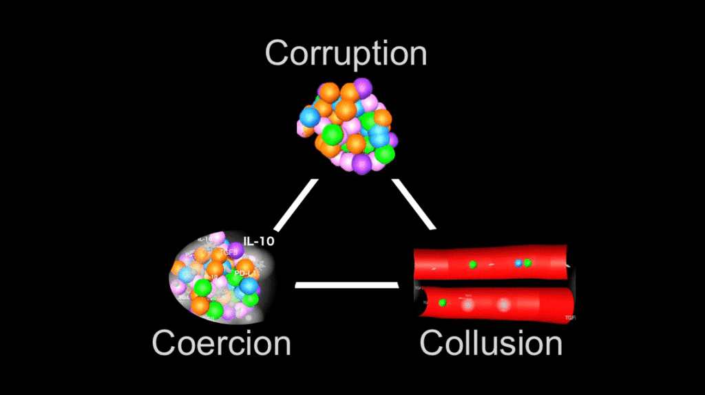 Image from Dr. Tim Cripe's 2017 TEDx presentation depicting corruption, coercion and collusion as related to cancer