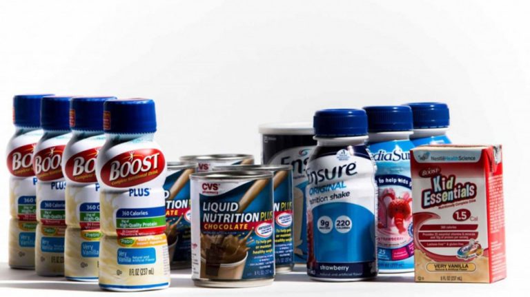Color image of enteral complete liquid nutritional products of several brands