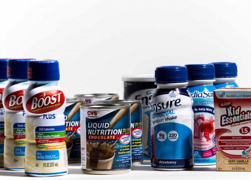 Color image of enteral complete liquid nutritional products of several brands