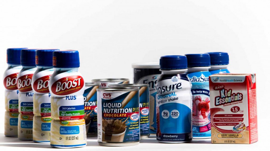Color image of enteral complete liquid nutritional products of several brands