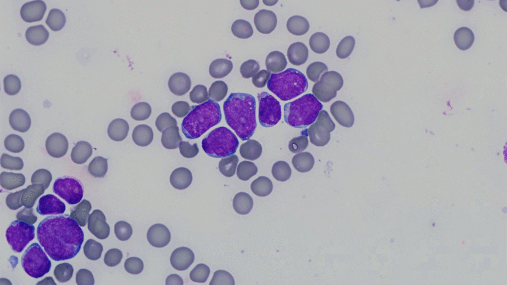 Photo of leukemia cells under microscope