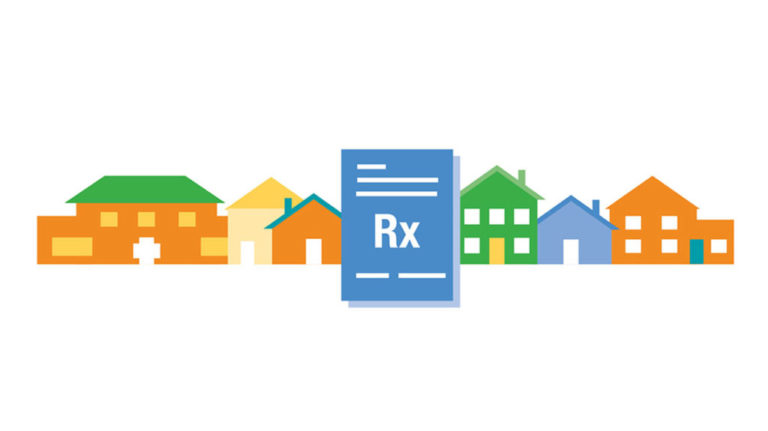 Nationwide Children's style illustration showing a row of houses with a prescription in front of it