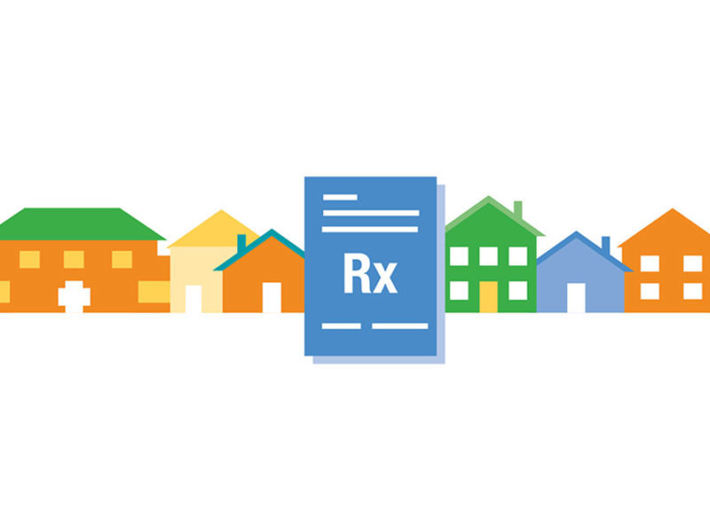 Nationwide Children's style illustration showing a row of houses with a prescription in front of it