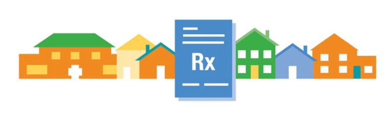 Nationwide Children's style illustration showing a row of houses with a prescription in front of it