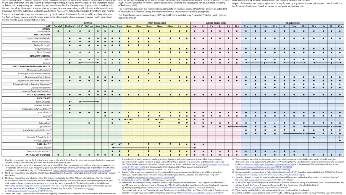 2021 Bright Futures/AAP Recommendations for Preventive Pediatric Health Care (Periodicity Schedule) in color showing all of the screenings recommended across 34 patient visits through a patient's twenty-second birthday