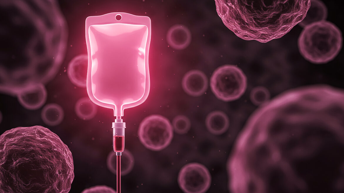 Intravenous (IV) chemotherapy or Cell therapy treatment bag surrounded by cancer cells, fighting the disease