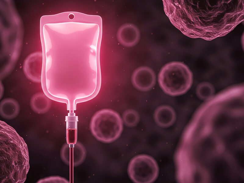 Intravenous (IV) chemotherapy or Cell therapy treatment bag surrounded by cancer cells, fighting the disease