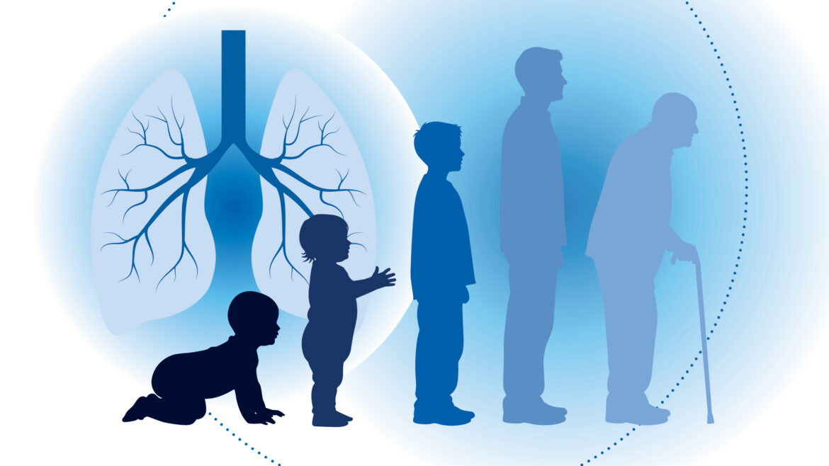 Blue-toned illustration showing lungs beside silhouettes of people across the lifespan, from a crawling baby and toddler to a child, adult, and older adult with a cane.