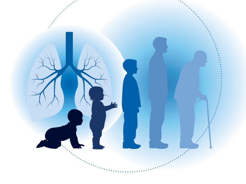 Blue-toned illustration showing lungs beside silhouettes of people across the lifespan, from a crawling baby and toddler to a child, adult, and older adult with a cane.