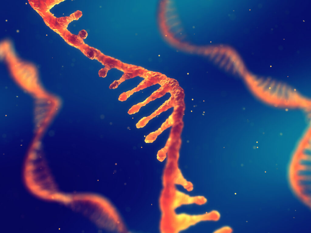 Close-up digital illustration of a DNA strand against a blue background.