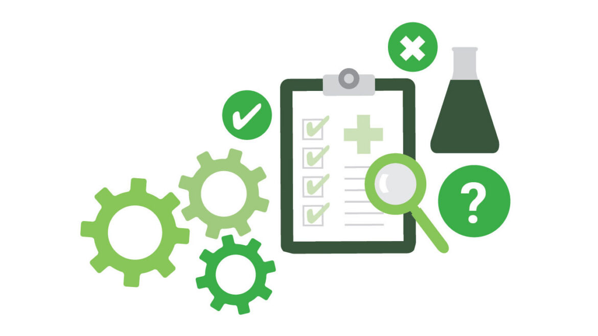 Illustration of research and healthcare symbols, including gears, a clipboard with a checklist and medical cross, a magnifying glass, a lab flask, and green icons with a check mark, an X, and a question mark.