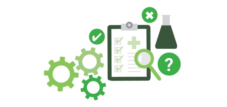 Illustration of research and healthcare symbols, including gears, a clipboard with a checklist and medical cross, a magnifying glass, a lab flask, and green icons with a check mark, an X, and a question mark.