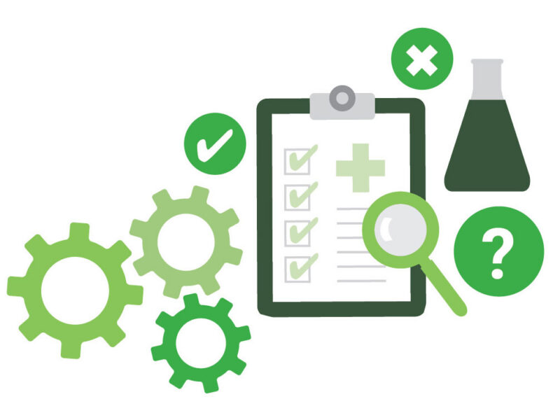 Illustration of research and healthcare symbols, including gears, a clipboard with a checklist and medical cross, a magnifying glass, a lab flask, and green icons with a check mark, an X, and a question mark.