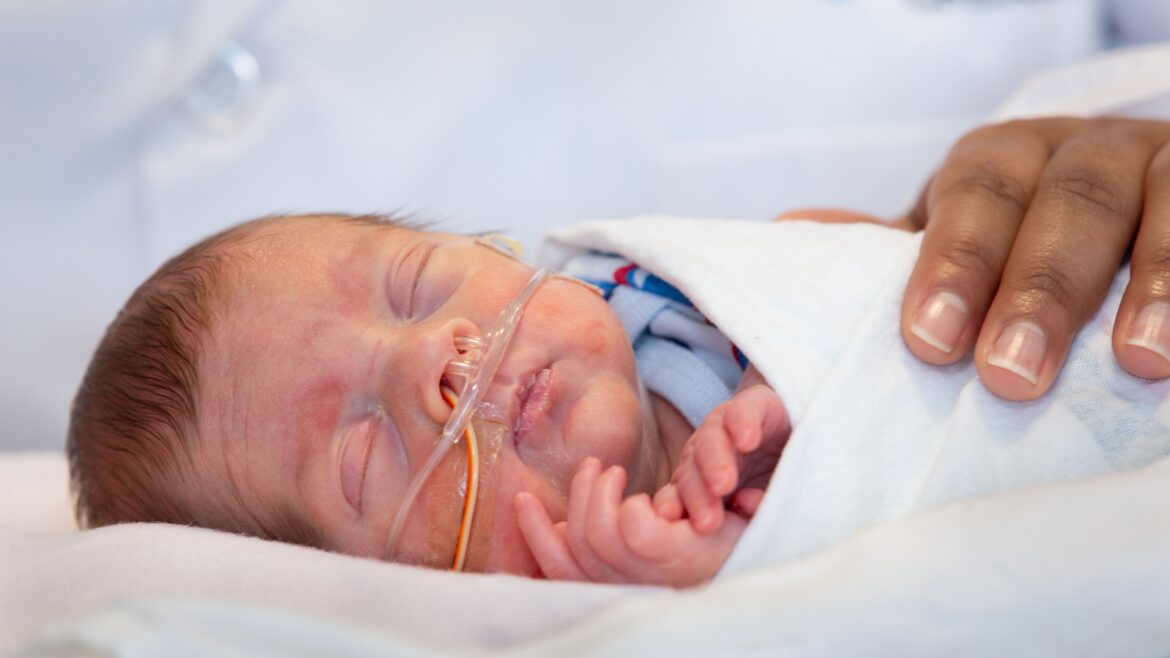 Baby in a NICU bed with nasal canula. Swaddled in white blanket with health care worker's hand gently resting on the baby.