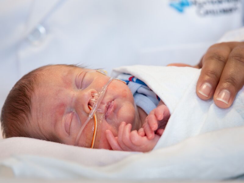 Baby in a NICU bed with nasal canula. Swaddled in white blanket with health care worker's hand gently resting on the baby.